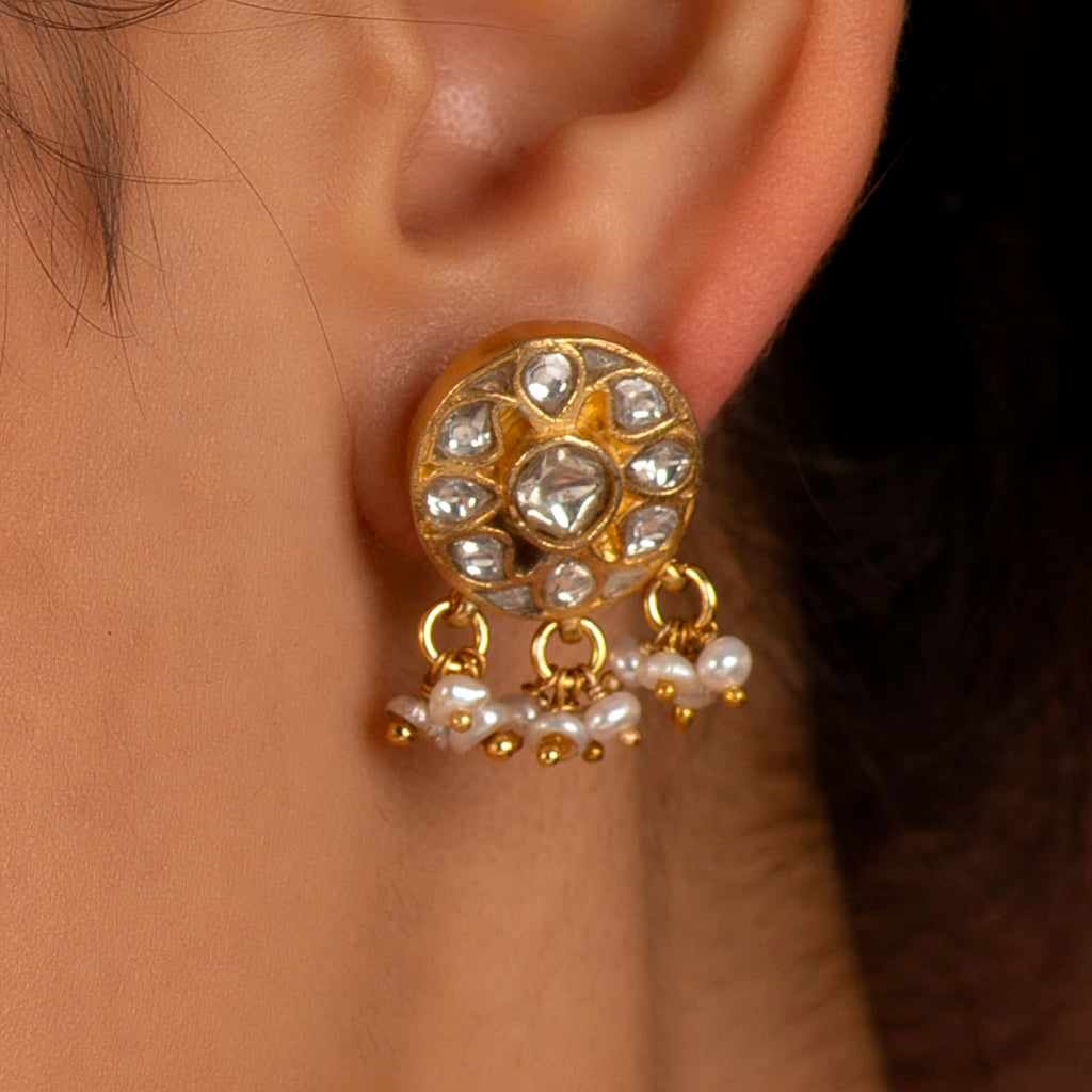 Silver Polki Style CZ Studs with Pearl Drops
