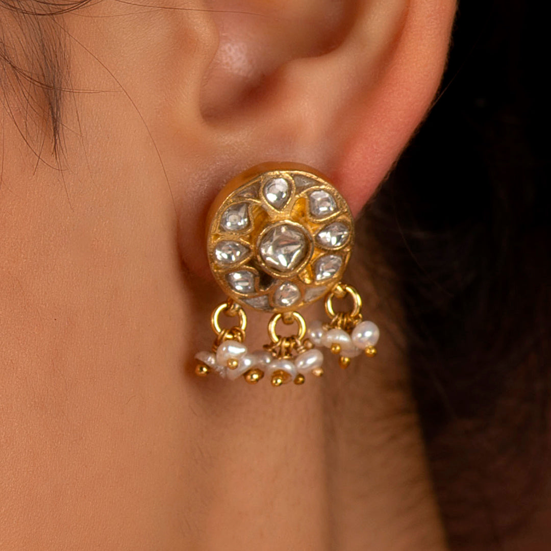 Silver Polki Style CZ Studs with Pearl Drops