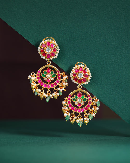 92.5 Silver Gold-Plated Kundan Pattern Chandbali Earrings