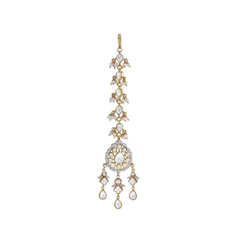 Silver Maang Tikka with Pear-Cut CZ and Seed Pearl Clusters