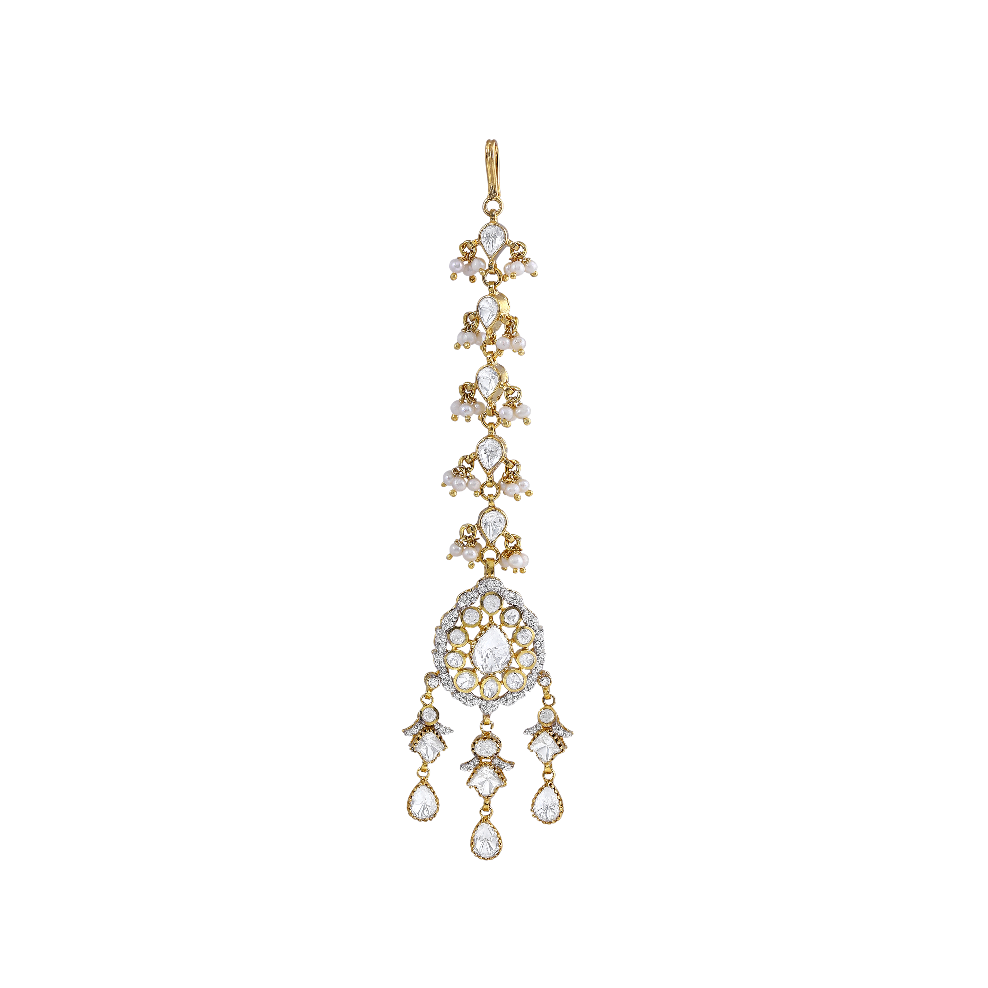 Silver Maang Tikka with Pear-Cut CZ and Seed Pearl Clusters