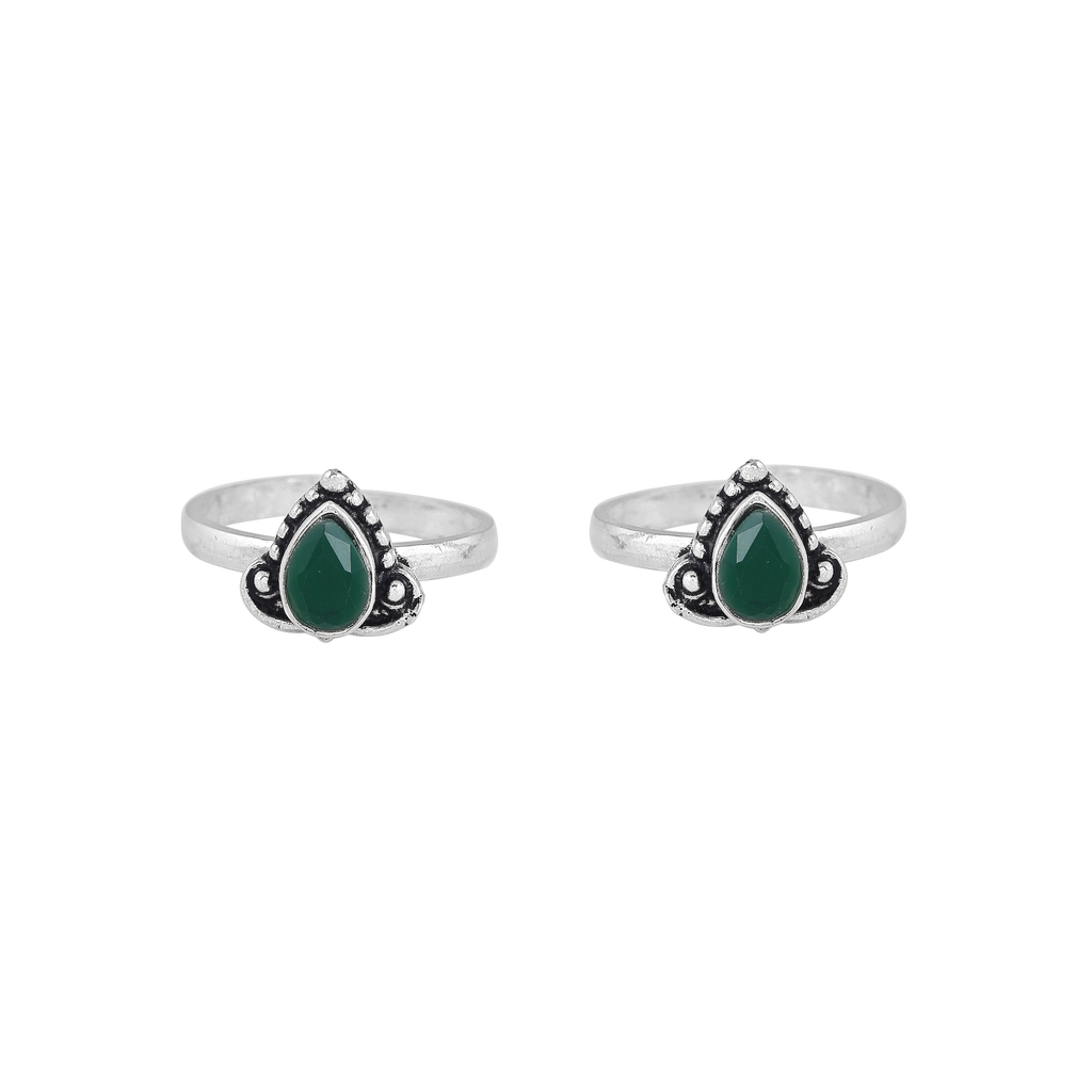 Oxidized Silver Green Stone Teardrop Toe Rings