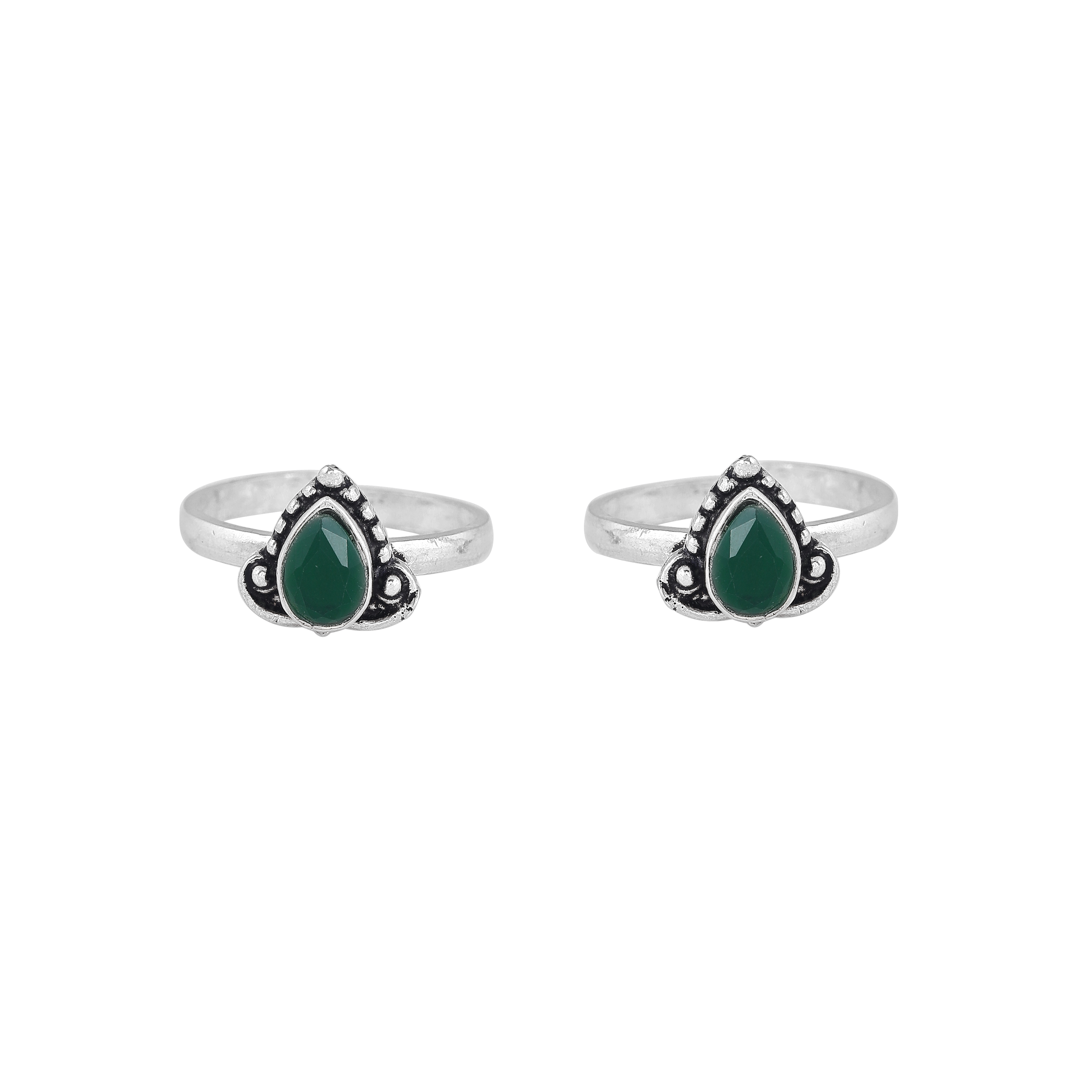 Oxidized Silver Green Stone Teardrop Toe Rings
