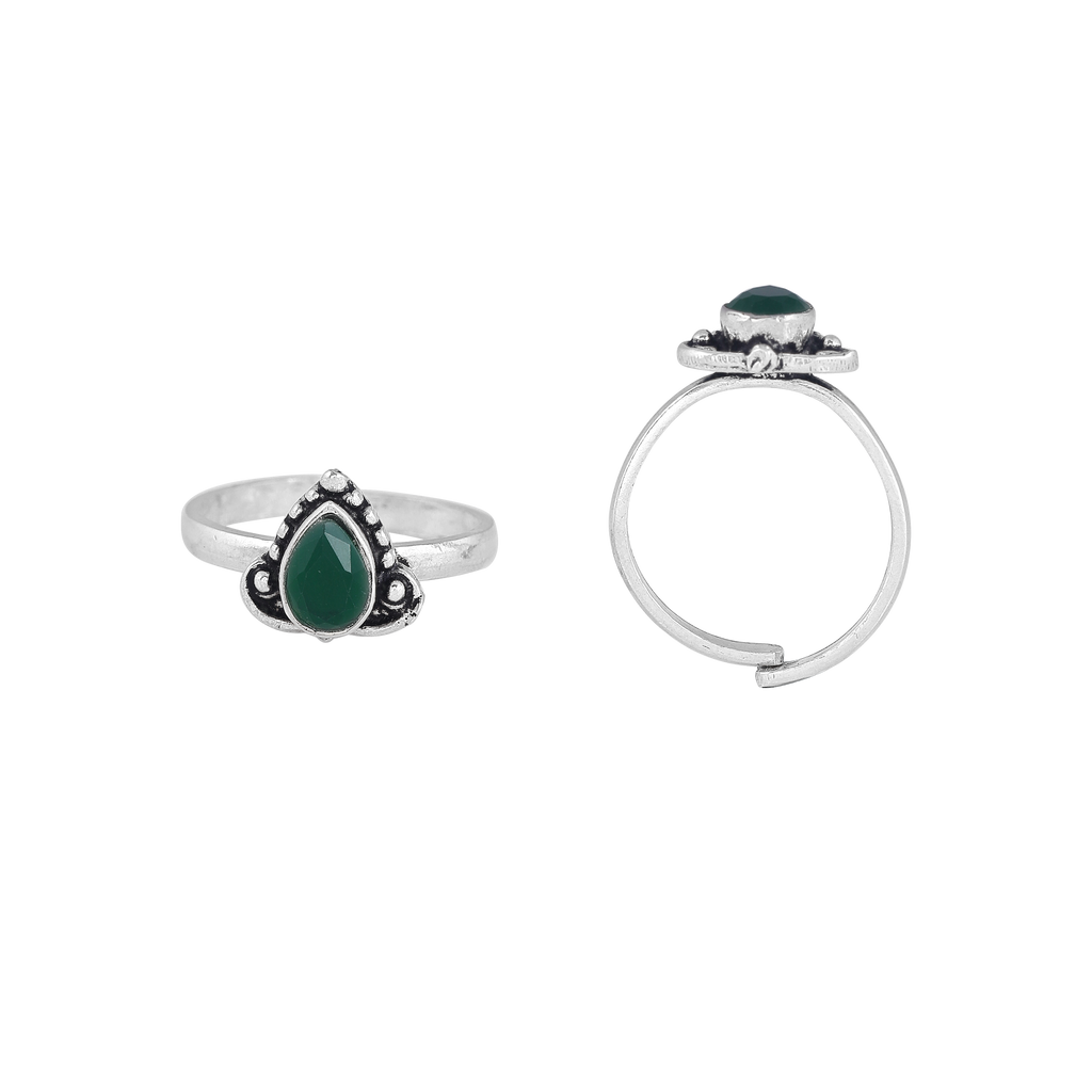 Oxidized Silver Green Stone Teardrop Toe Rings