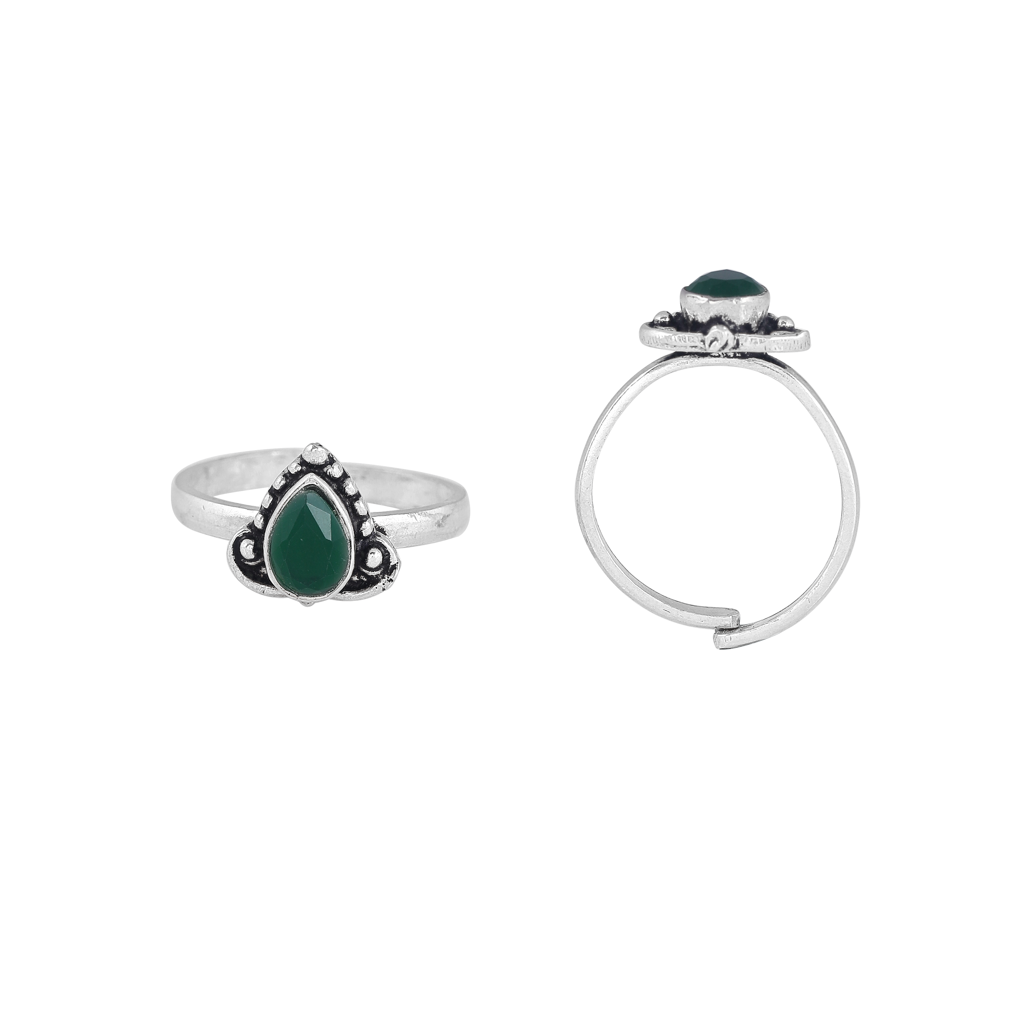 Oxidized Silver Green Stone Teardrop Toe Rings