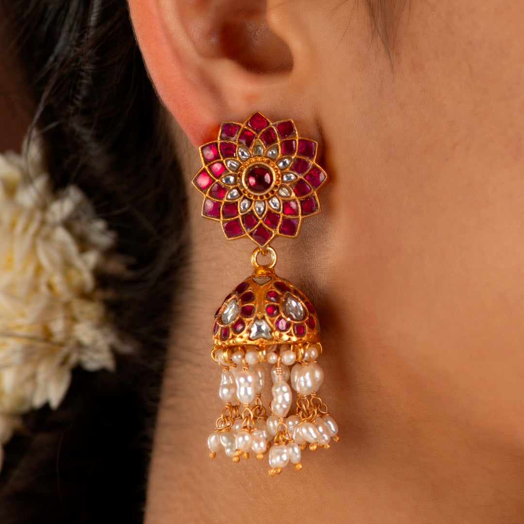 Silver Jhumkas With Floral Pattern