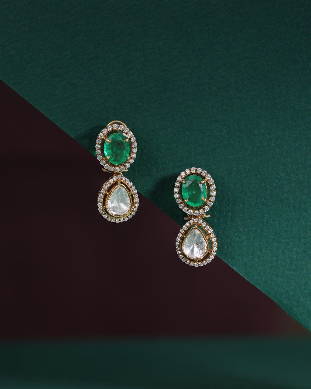 Green Stone Polki Pattern Silver Gilt Drop Earrings