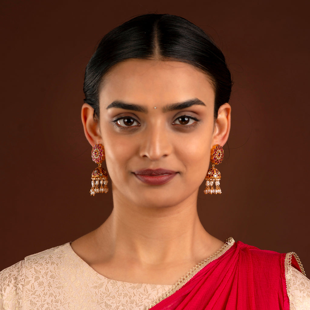 Silver Jhumkas With Floral Pattern
