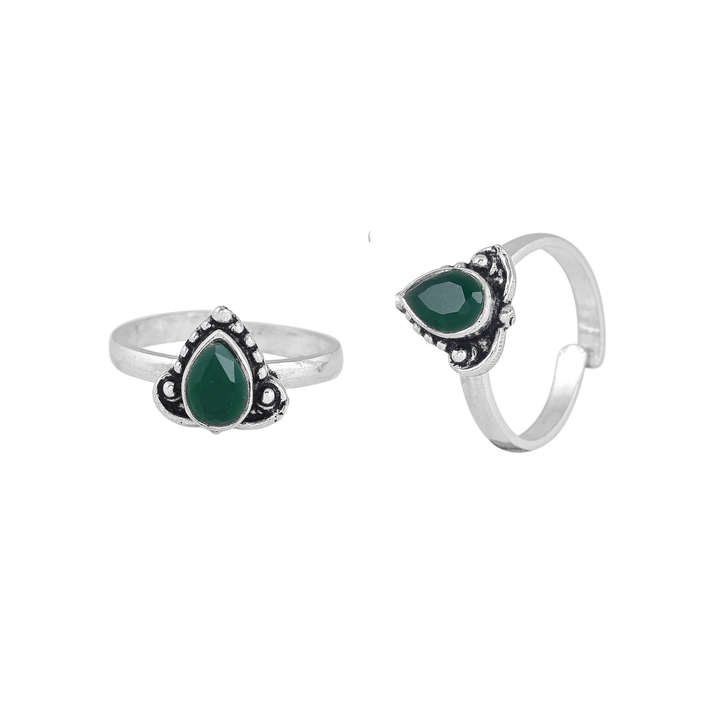 Oxidized Silver Green Stone Teardrop Toe Rings