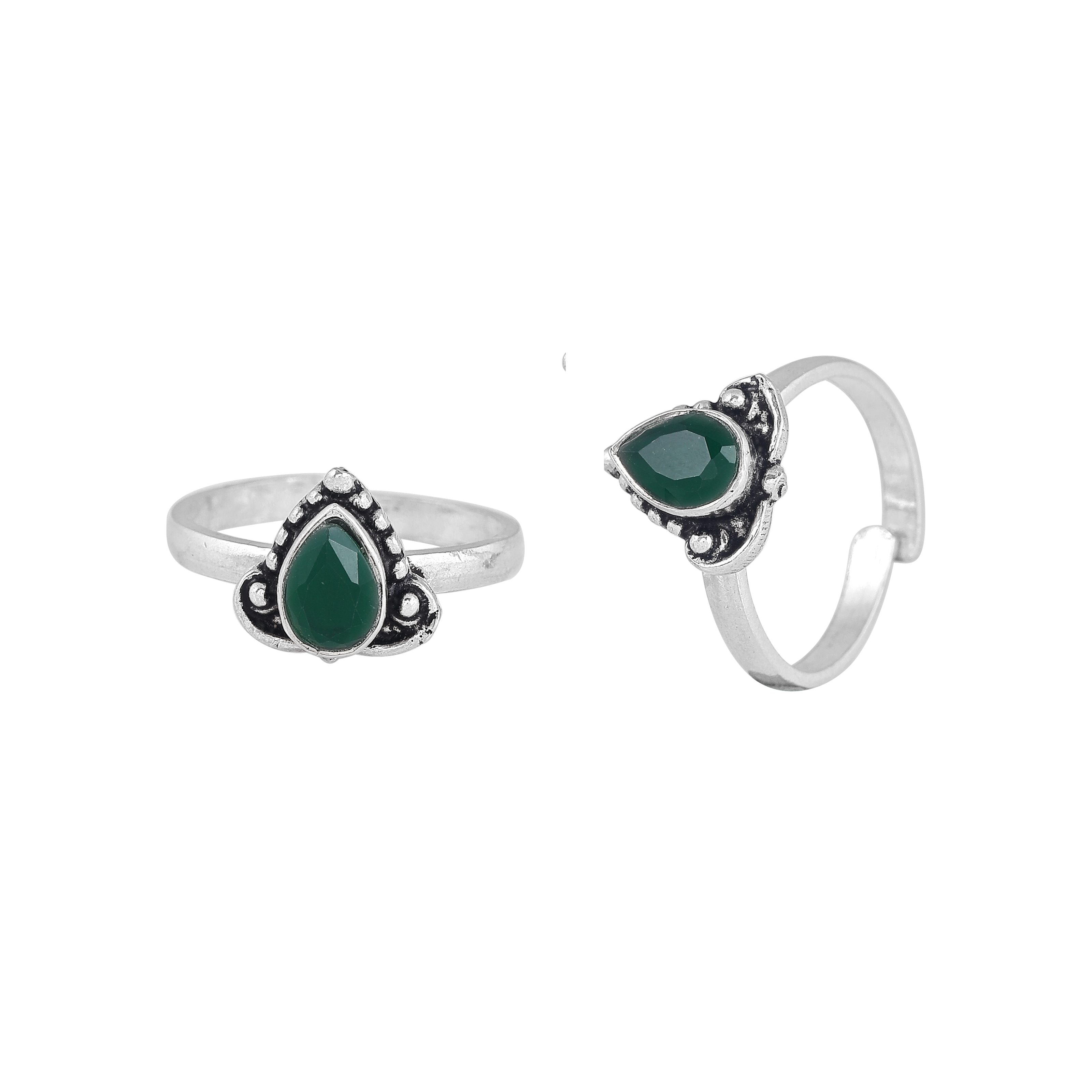 Oxidized Silver Green Stone Teardrop Toe Rings