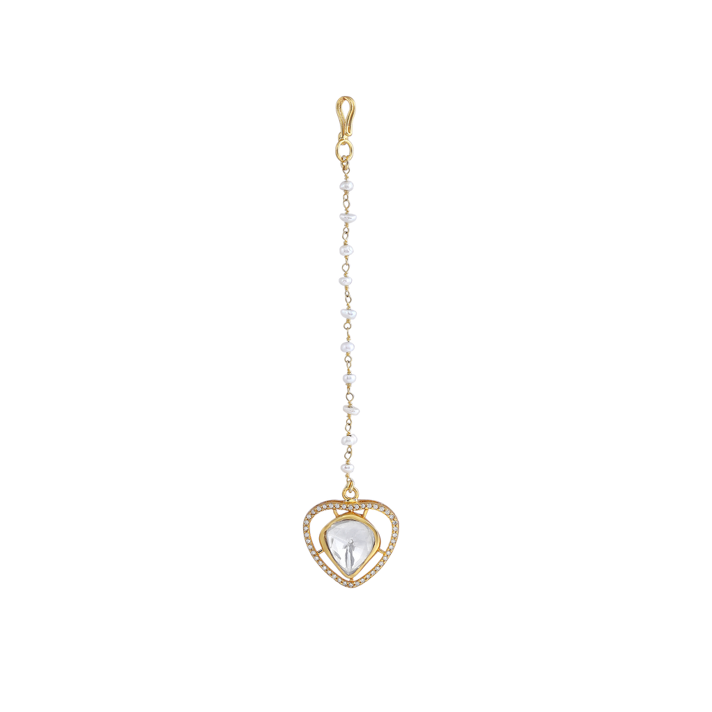 Silver Gold-Plated Heart Maang Tikka with Pearl Chain