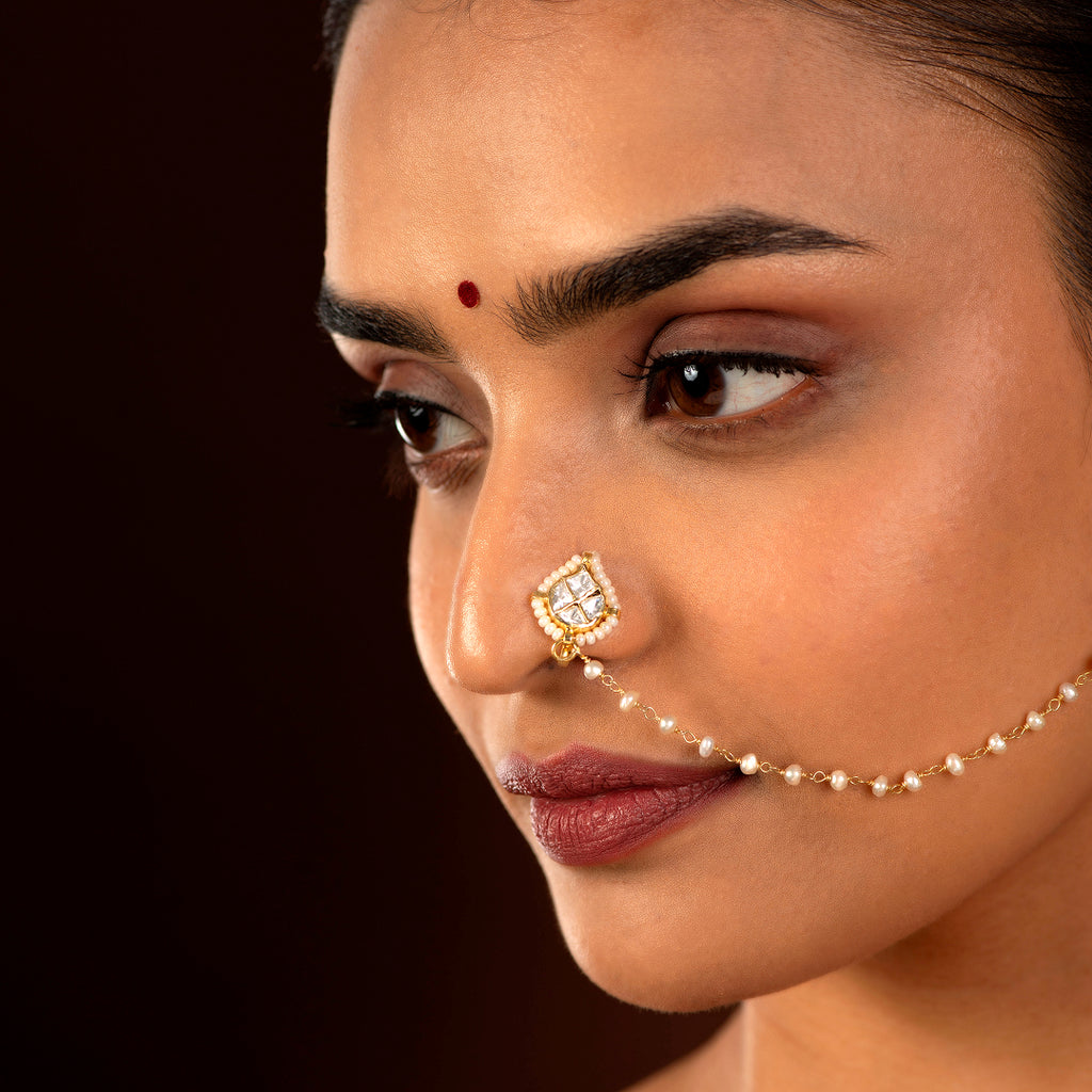 92.5 Silver CZ Nose Ring with Delicate Pearl Chain