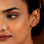 92.5 Silver CZ Nose Ring with Delicate Pearl Chain