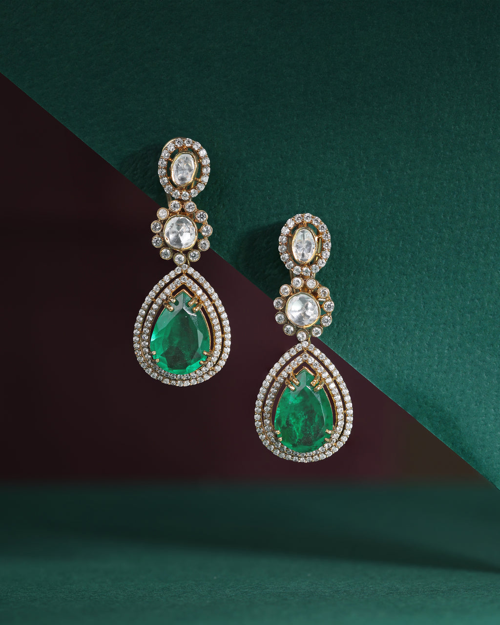 Polki Pattern Silver Floral Drop Earrings in Gold-Plated