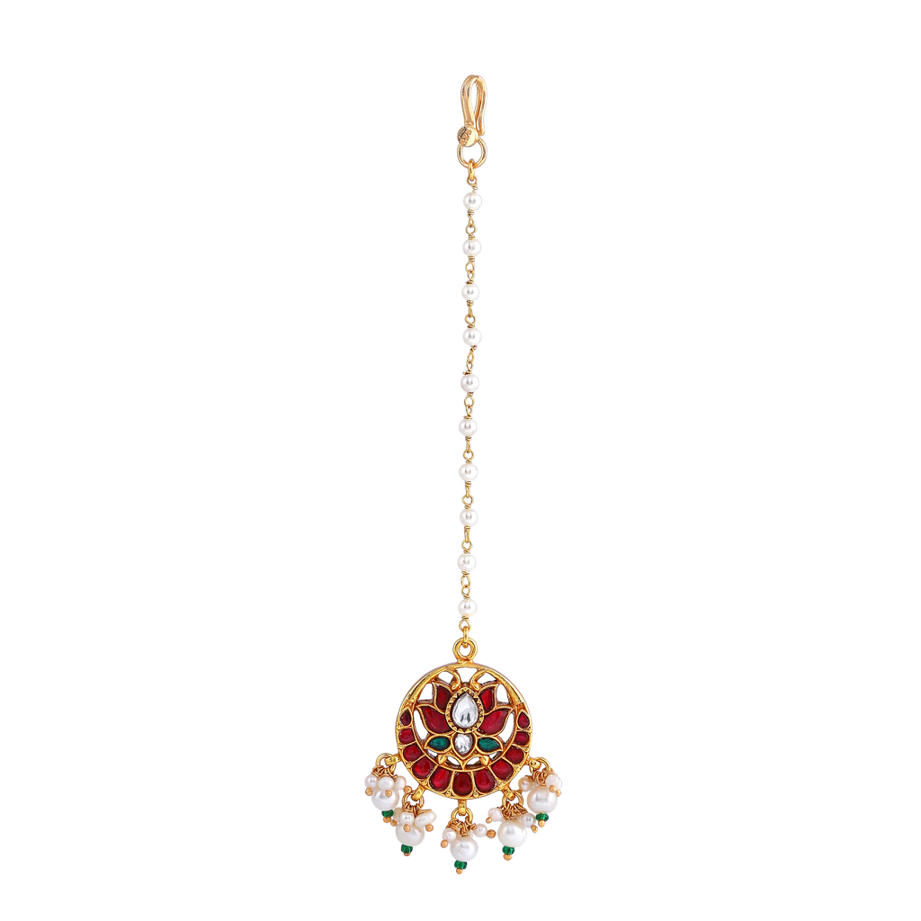 Silver Kundan Pattern Maang Tikka with Lotus Design