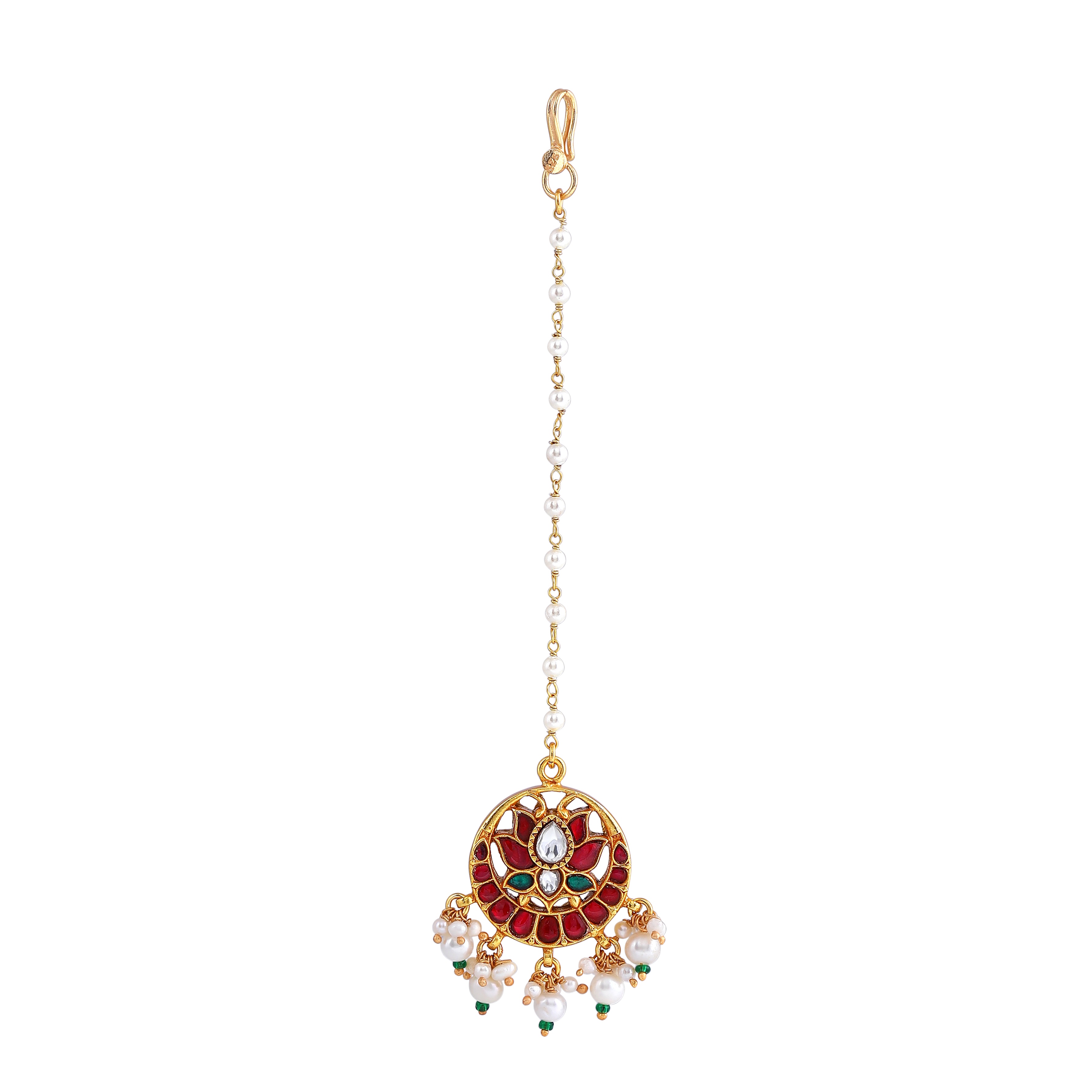 Silver Kundan Pattern Maang Tikka with Lotus Design