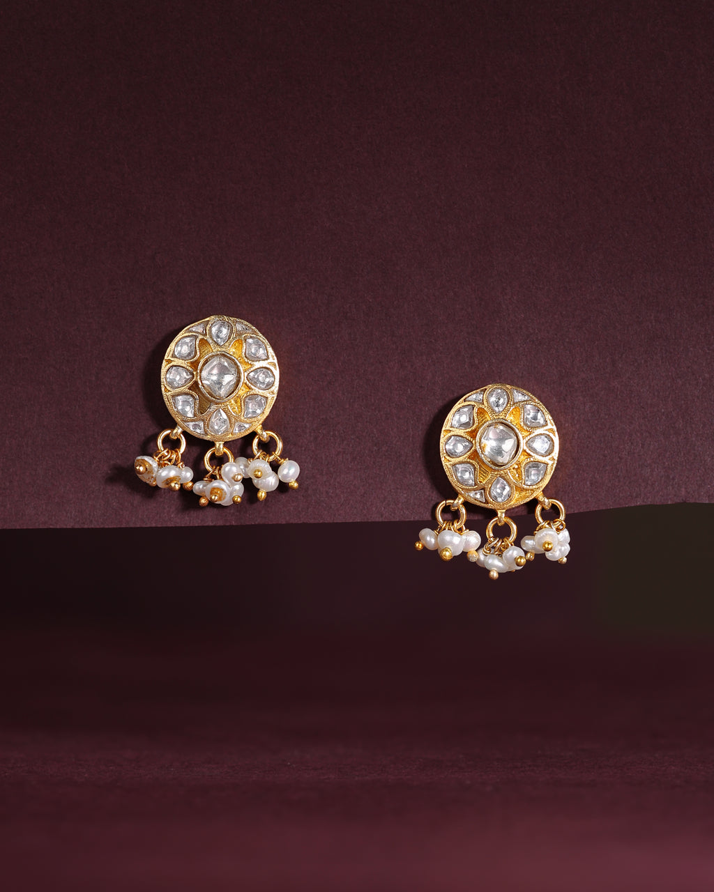 Silver Polki Style CZ Studs with Pearl Drops
