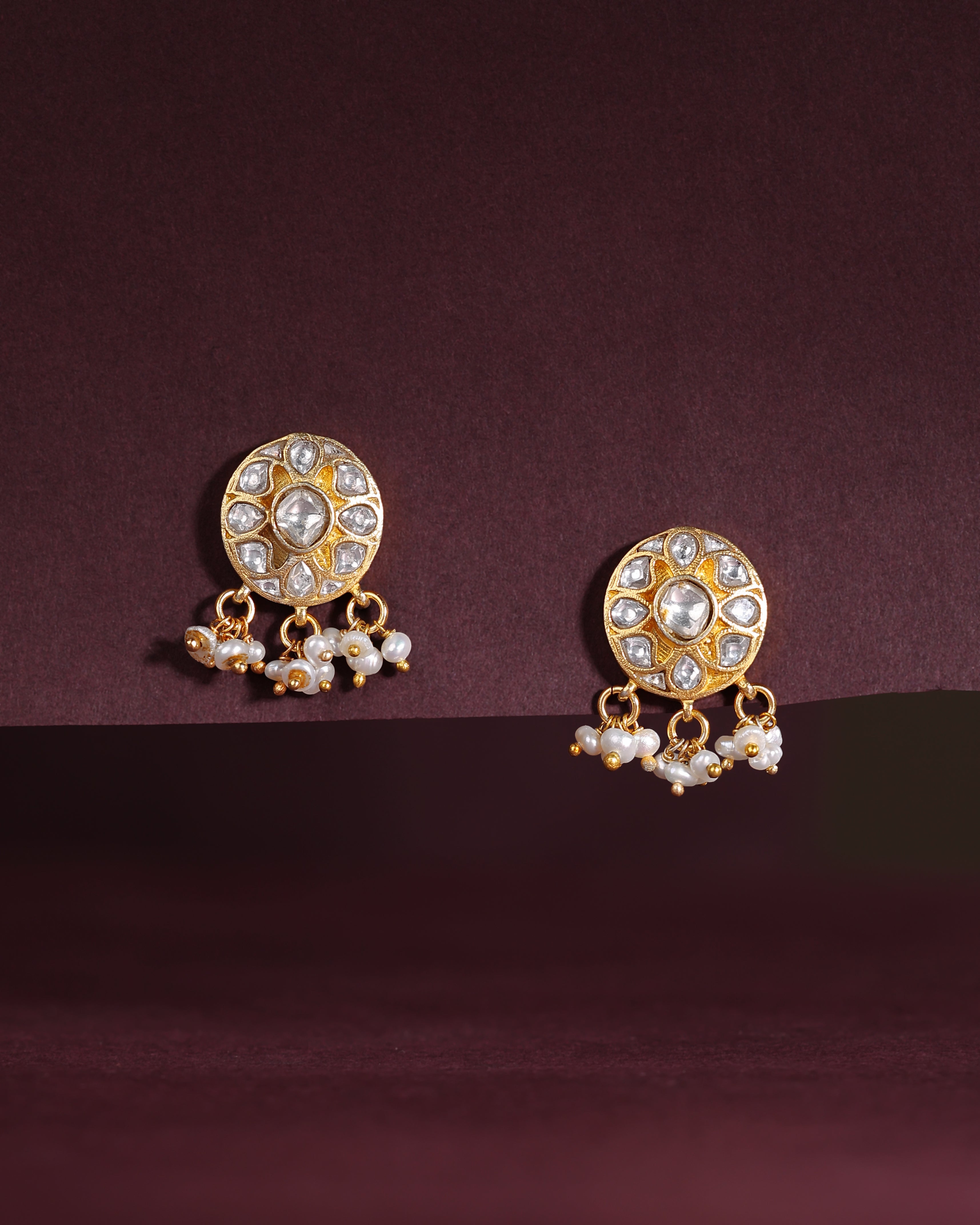 Silver Polki Style CZ Studs with Pearl Drops