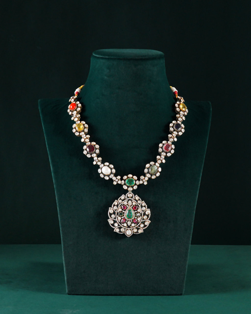 Silver Navaratna Polki Pattern Necklace with CZ Floral Medallion