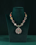 Silver Navaratna Polki Pattern Necklace with CZ Floral Medallion