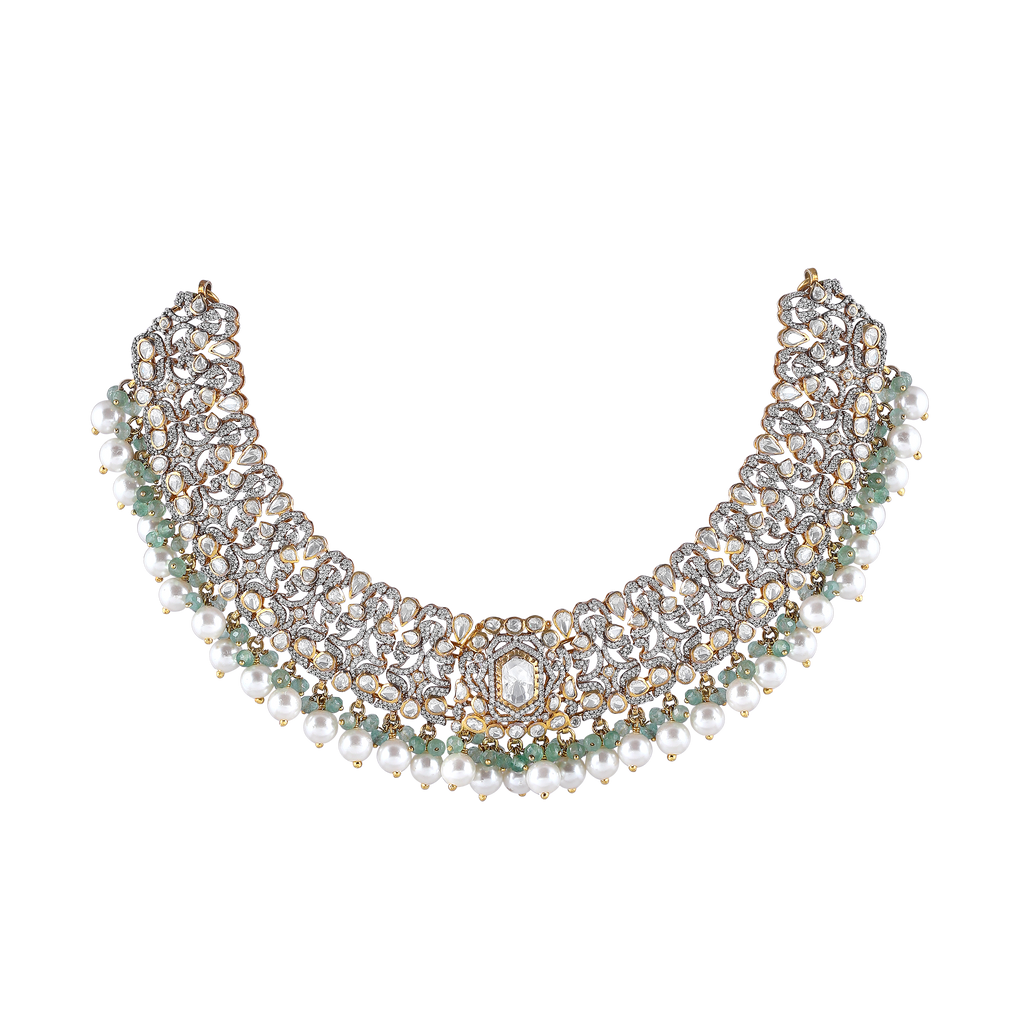 Silver Polki Pattern Short Necklace with Pearl Drops