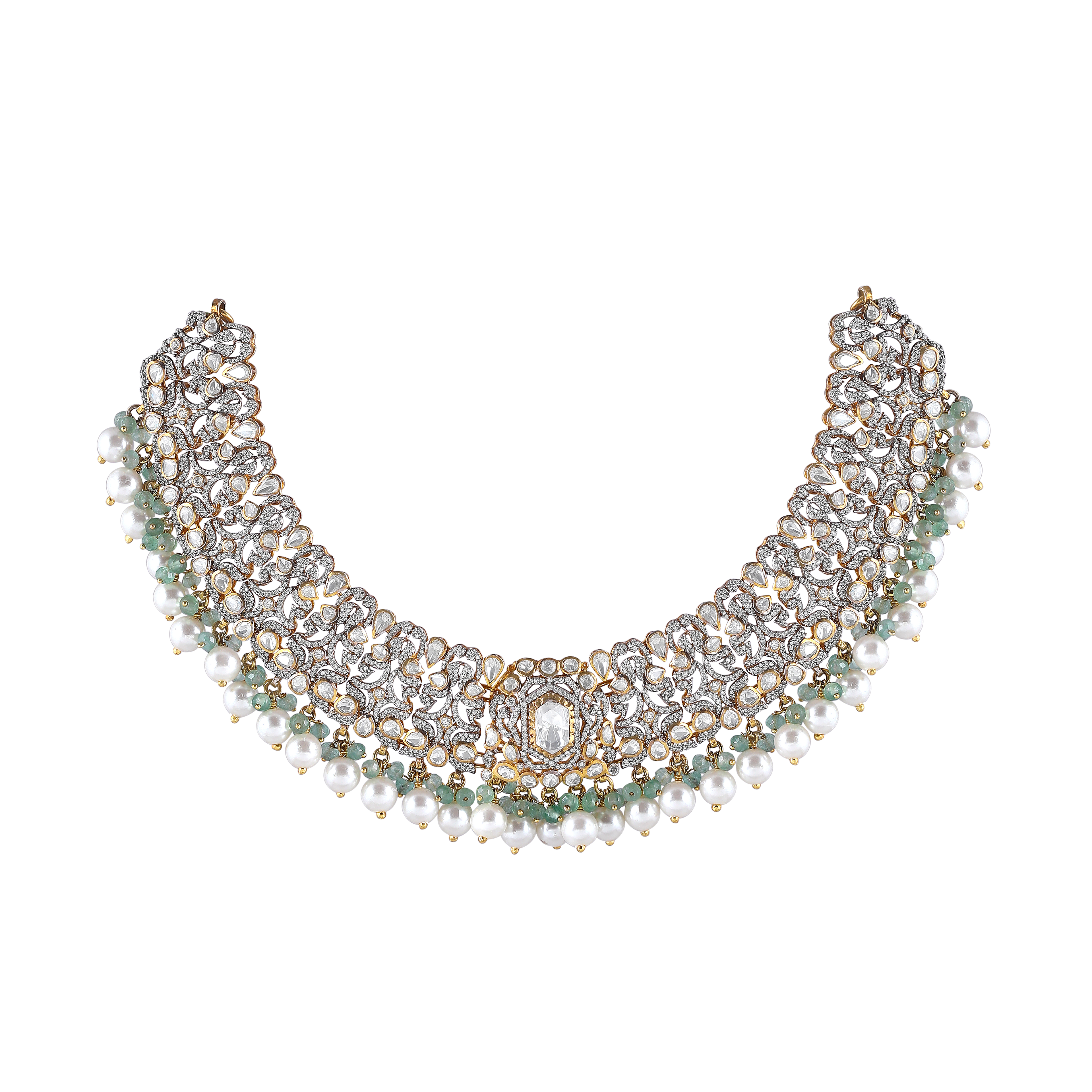 Silver Polki Pattern Short Necklace with Pearl Drops