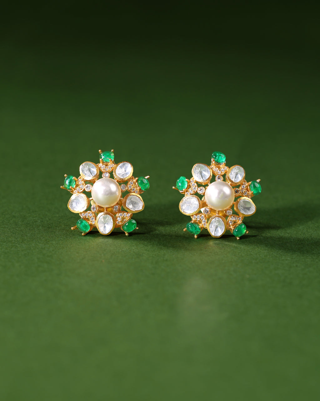 Gold Plated Silver Pearl Floral Studs with Green Stones