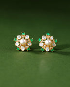 Gold Plated Silver Pearl Floral Studs with Green Stones