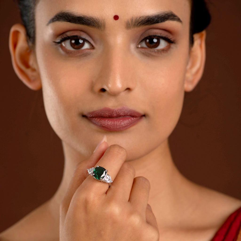 Regal Cushion-Cut Silver Ring with Green Stone