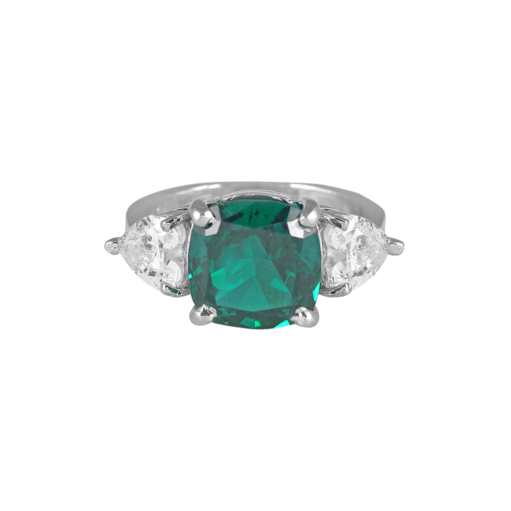 Regal Cushion-Cut Silver Ring with Green Stone