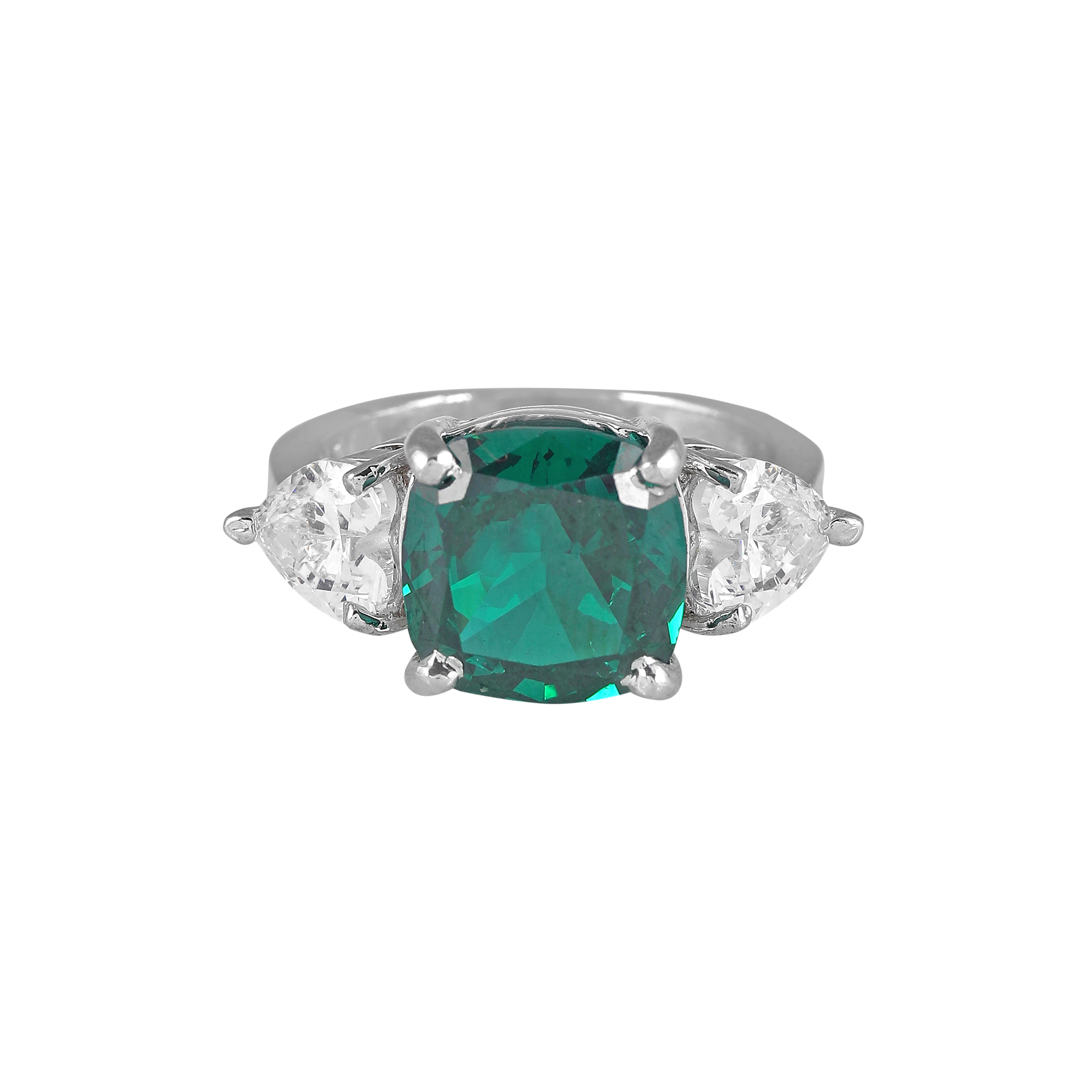 Regal Cushion-Cut Silver Ring with Green Stone