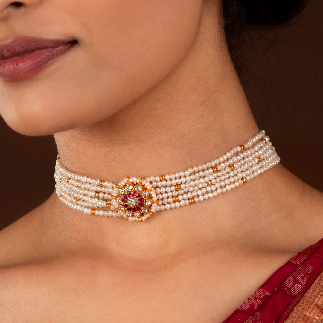 Multi-Strand Pearl Choker with CZ Floral Pendant in Gold Plated Silver