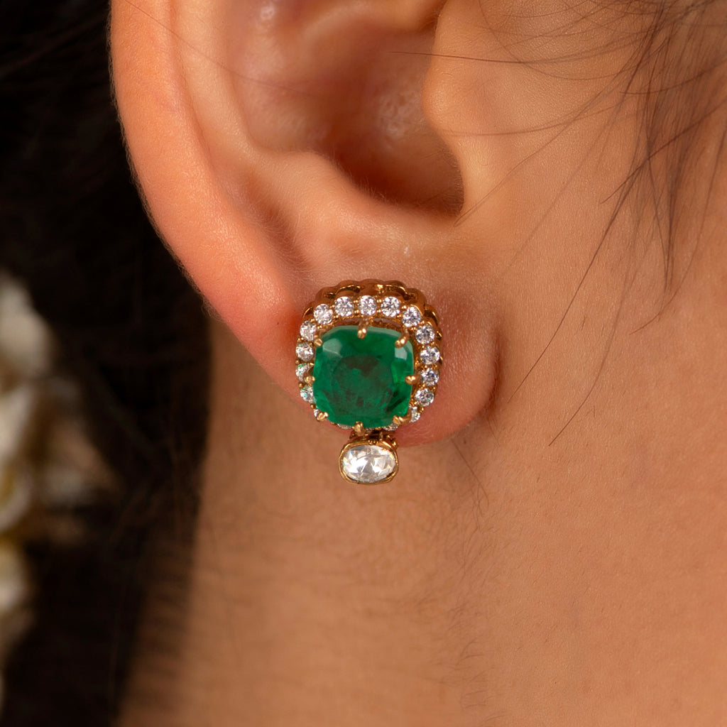 Regal Green Stone CZ Halo Studs in Silver