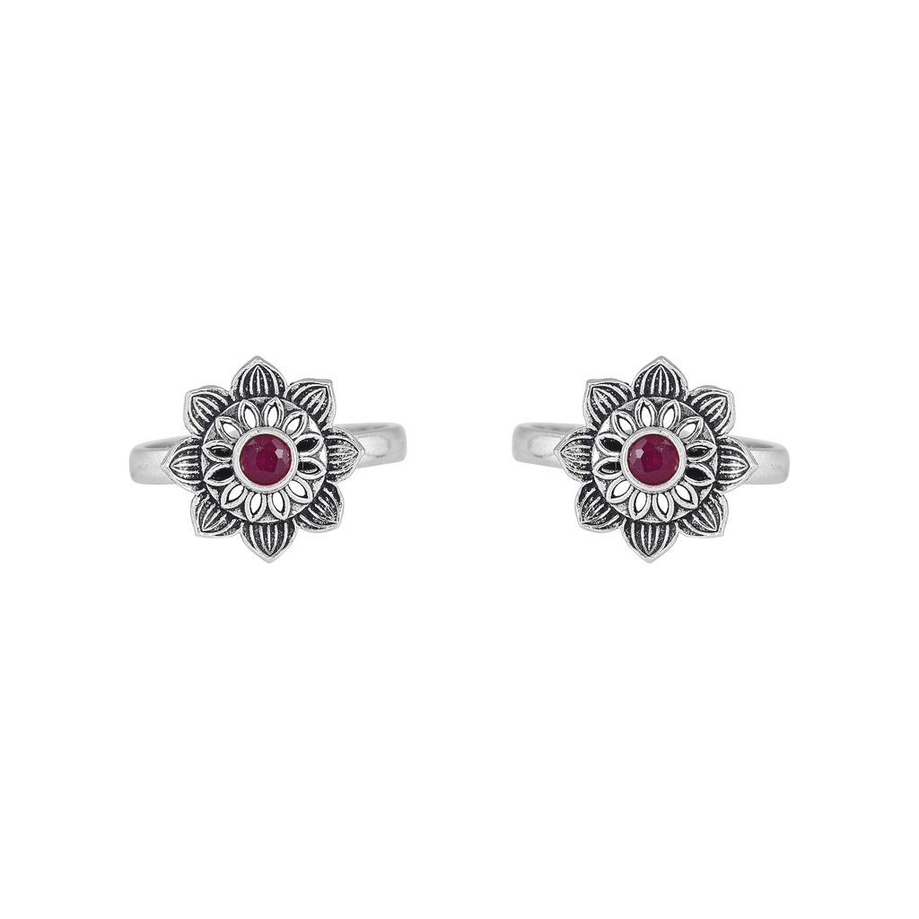 Pure 92.5 Silver Lotus-Bloom Toe Rings with Red Centre Stone