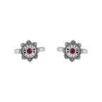 Pure 92.5 Silver Lotus-Bloom Toe Rings with Red Centre Stone