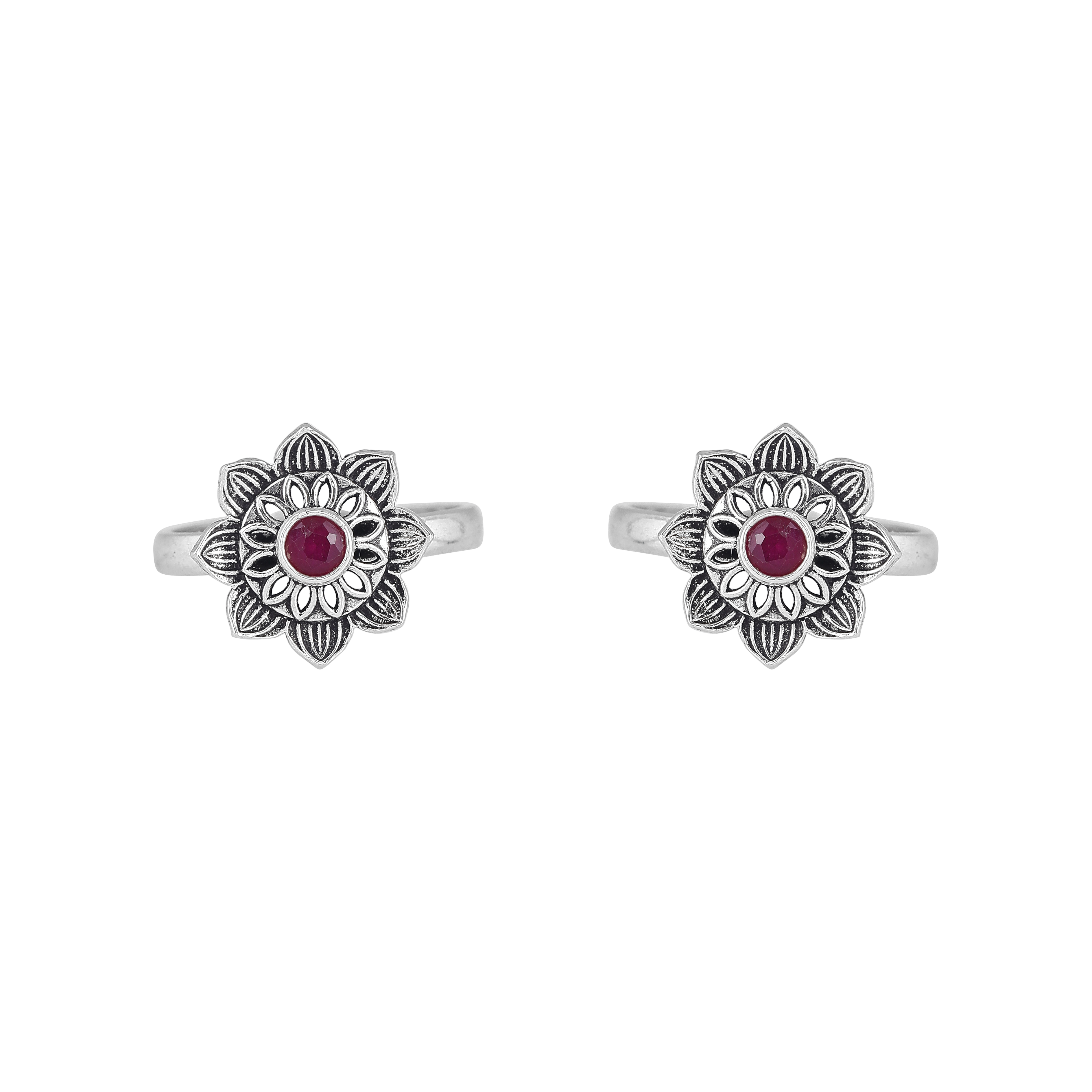 Pure 92.5 Silver Lotus-Bloom Toe Rings with Red Centre Stone