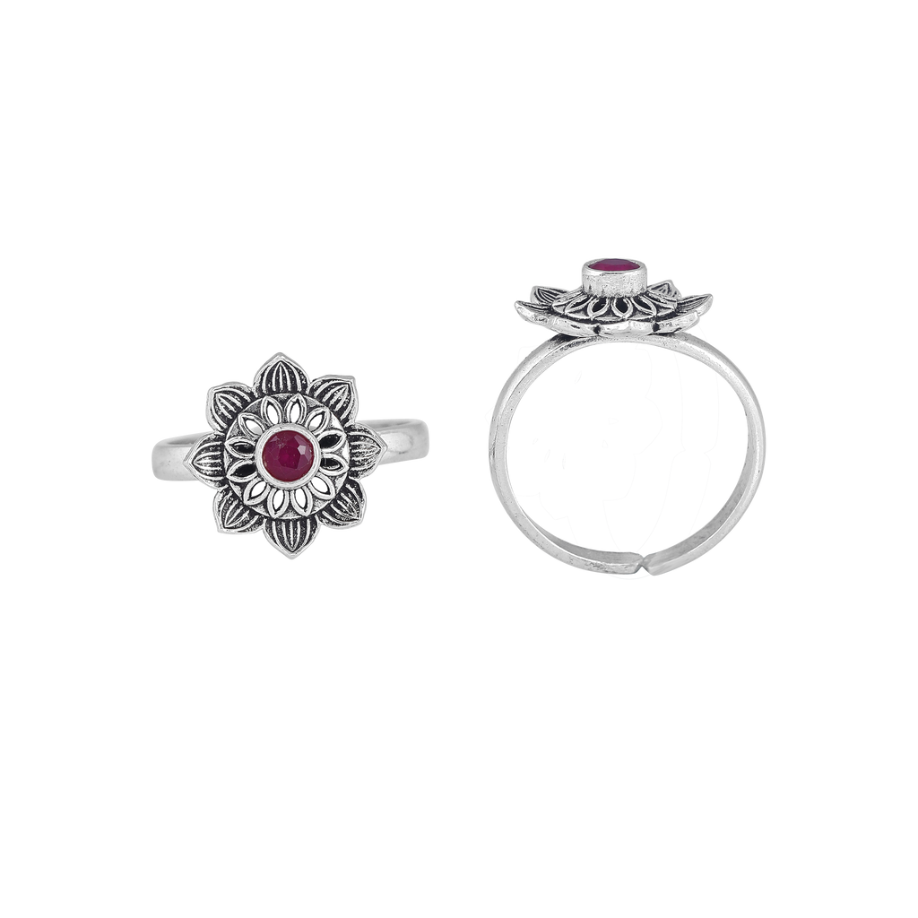 Pure 92.5 Silver Lotus-Bloom Toe Rings with Red Centre Stone