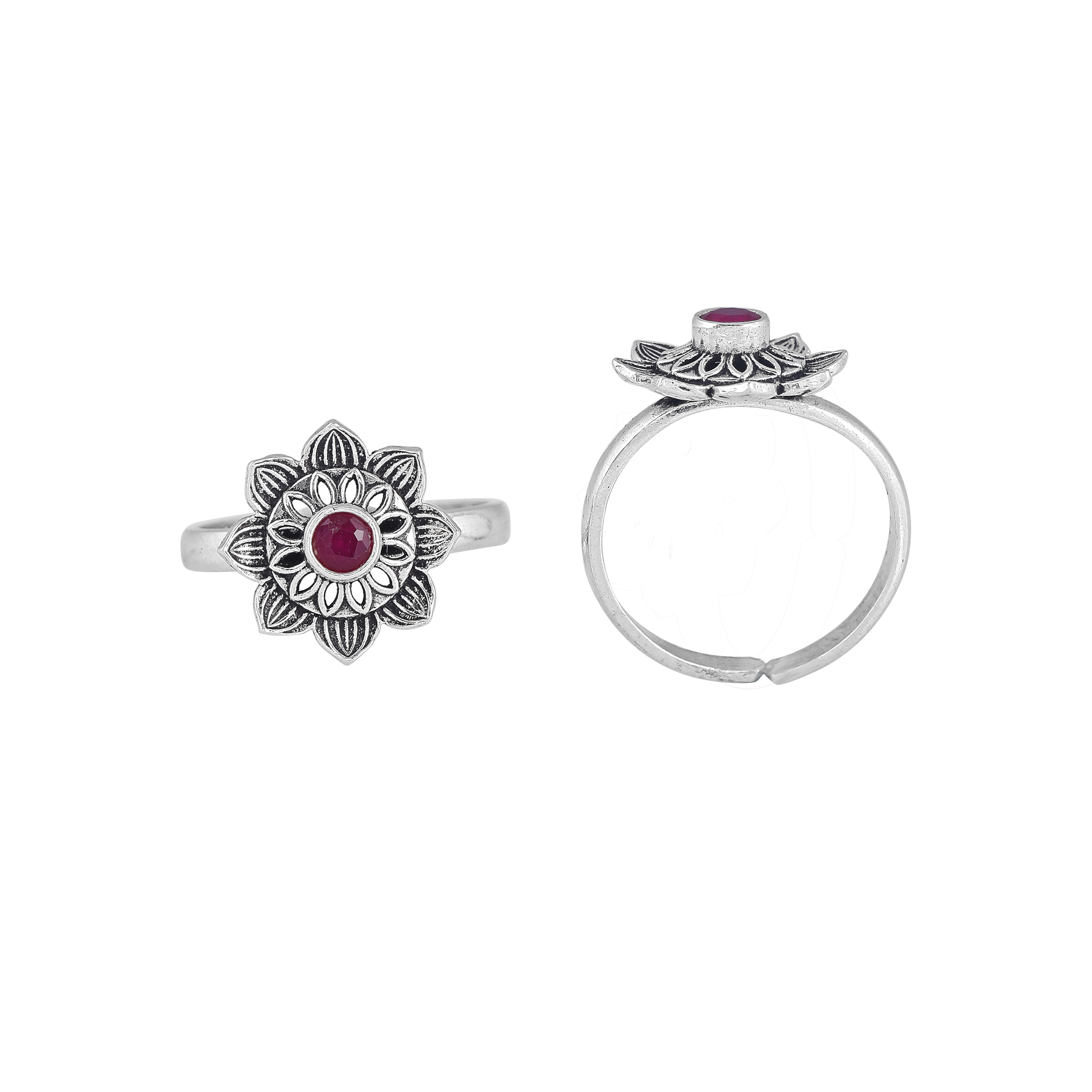 Pure 92.5 Silver Lotus-Bloom Toe Rings with Red Centre Stone