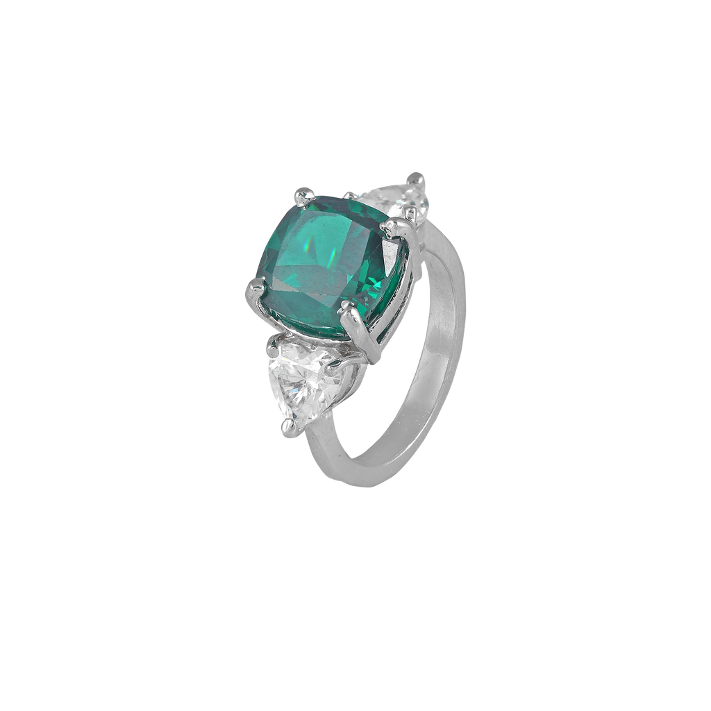 Regal Cushion-Cut Silver Ring with Green Stone