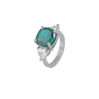 Regal Cushion-Cut Silver Ring with Green Stone