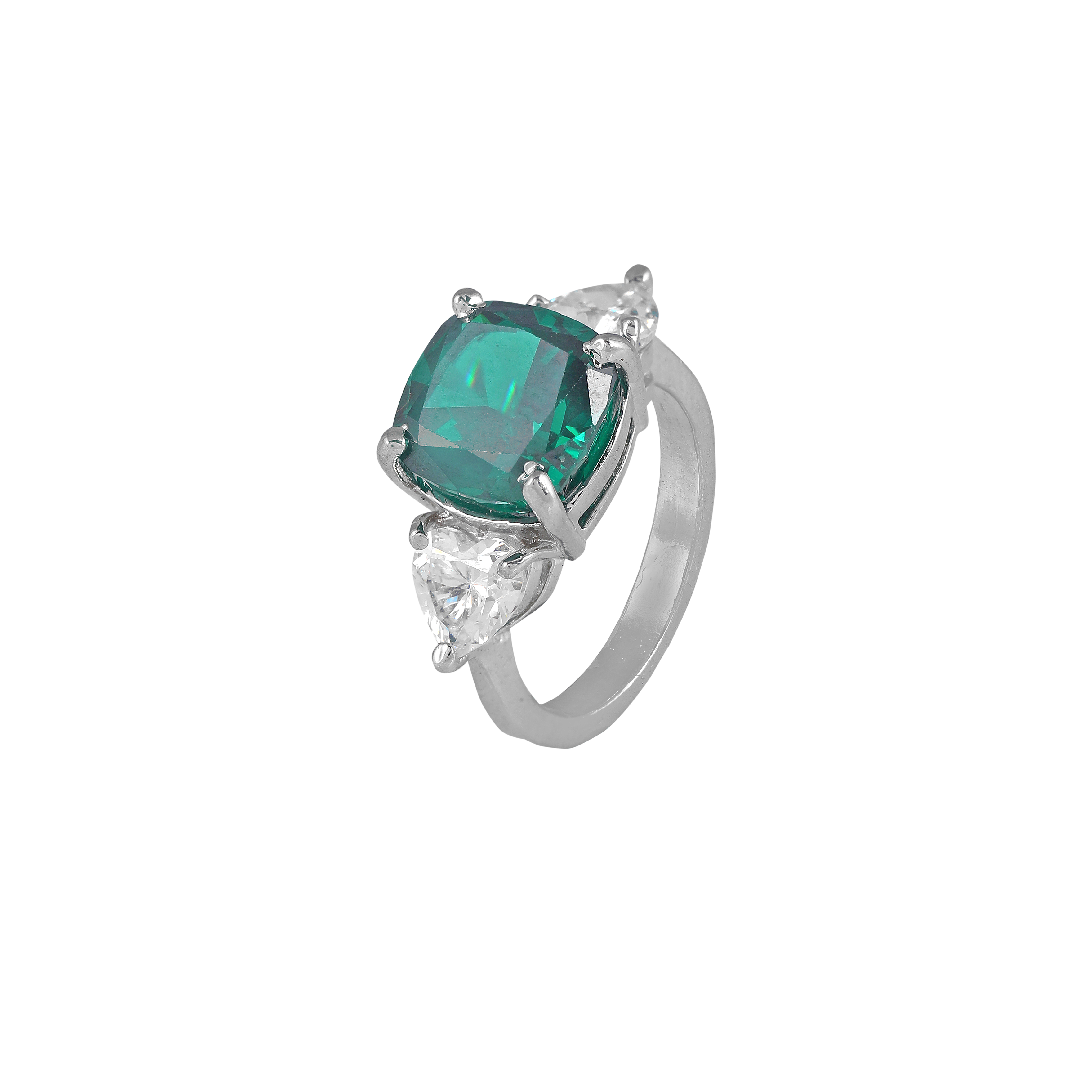 Regal Cushion-Cut Silver Ring with Green Stone