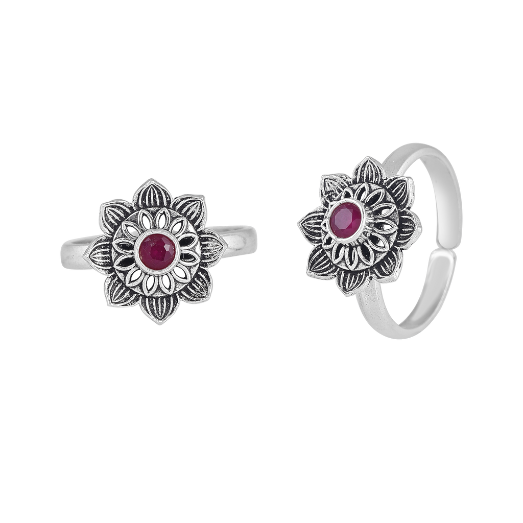 Pure 92.5 Silver Lotus-Bloom Toe Rings with Red Centre Stone