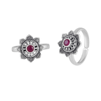Pure 92.5 Silver Lotus-Bloom Toe Rings with Red Centre Stone
