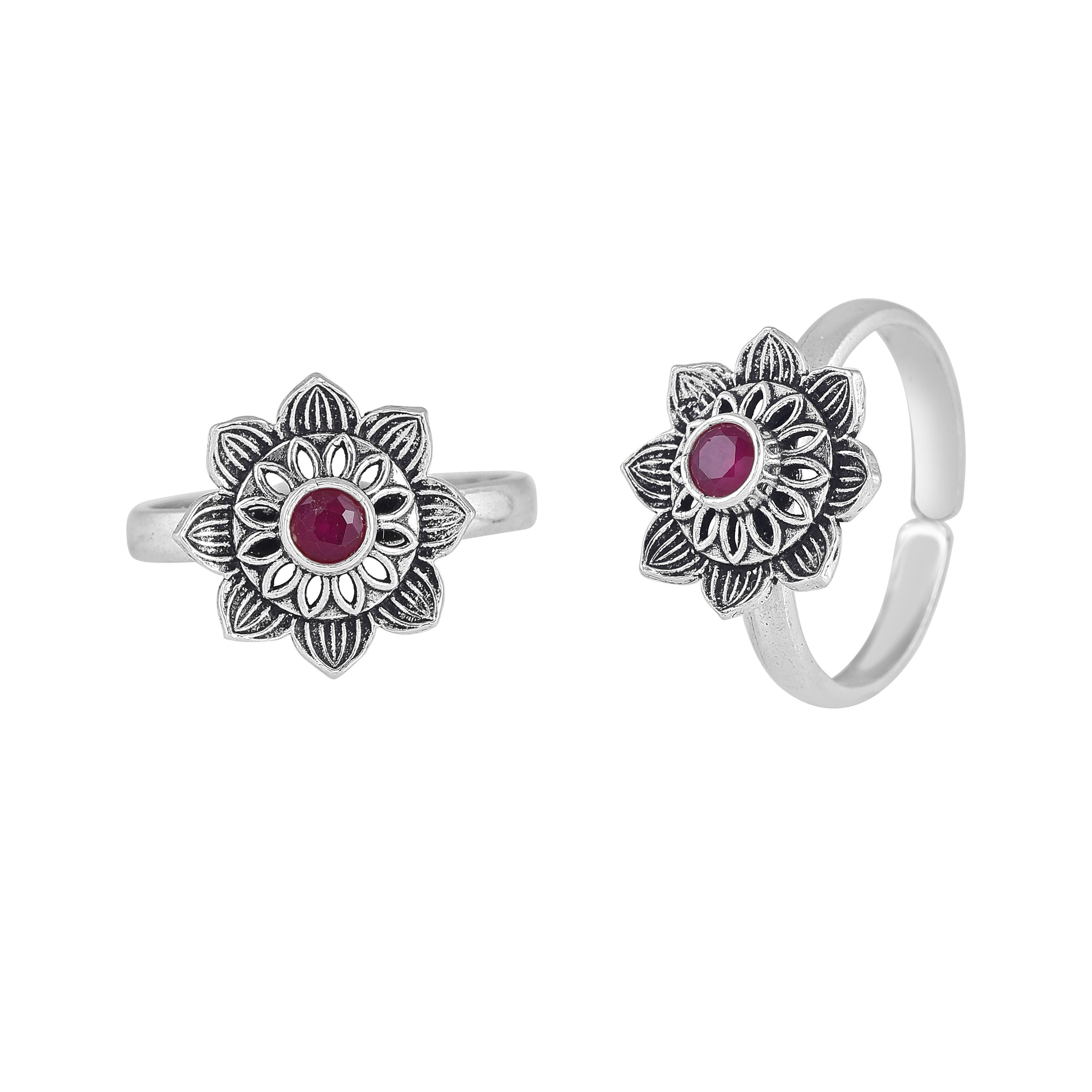 Pure 92.5 Silver Lotus-Bloom Toe Rings with Red Centre Stone