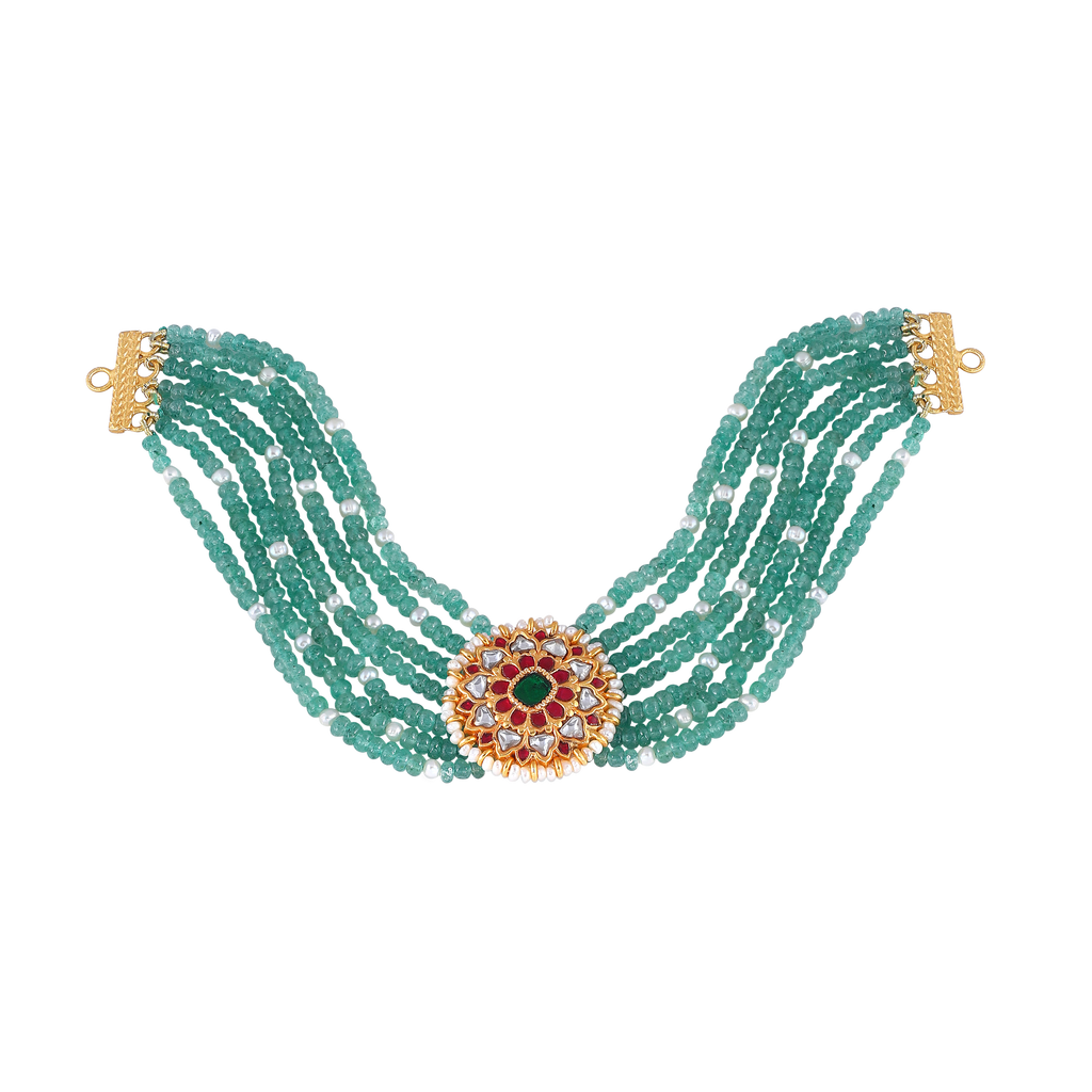 Silver Green Bead Choker Necklace With Kundan Pattern Pendant