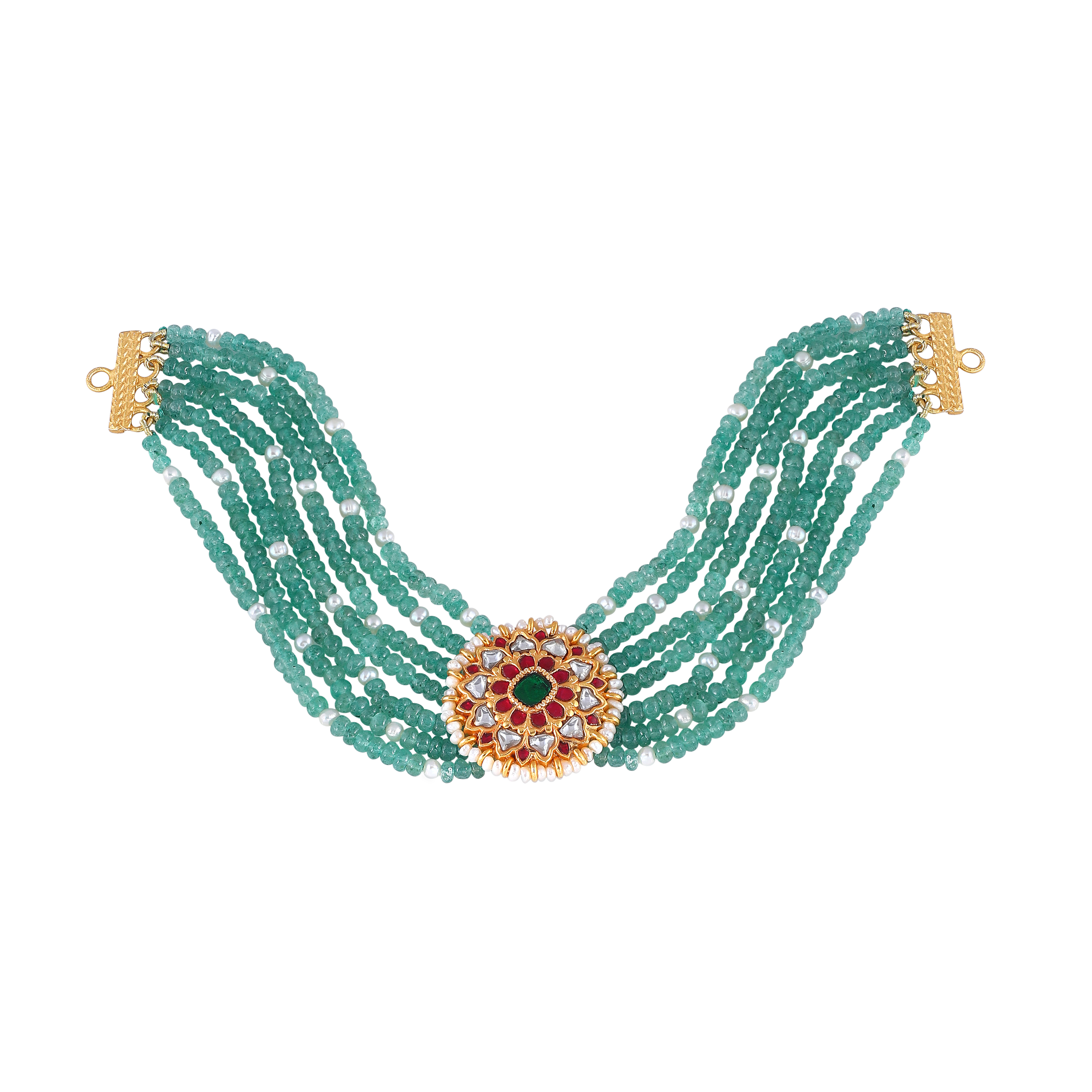 Silver Green Bead Choker Necklace With Kundan Pattern Pendant