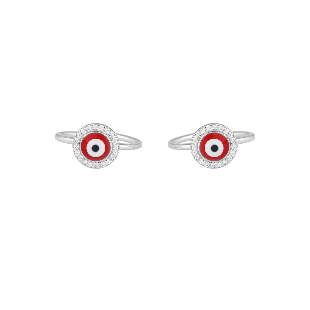 Silver Red Evil Eye Toe Rings with CZ Halo