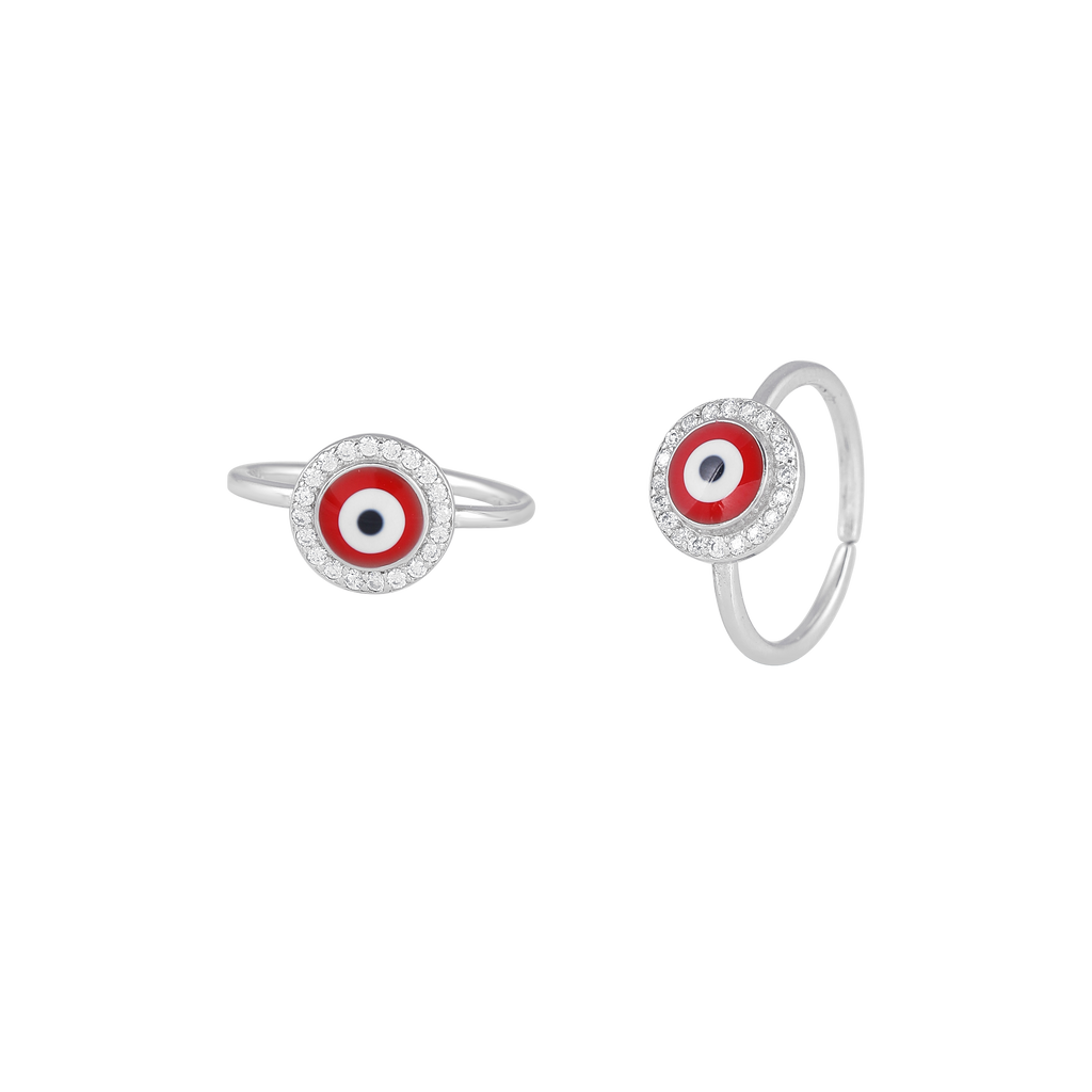 Silver Red Evil Eye Toe Rings with CZ Halo