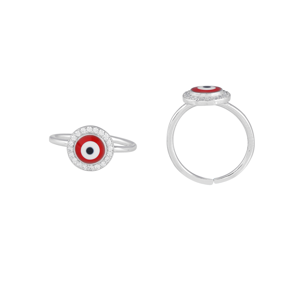 Silver Red Evil Eye Toe Rings with CZ Halo