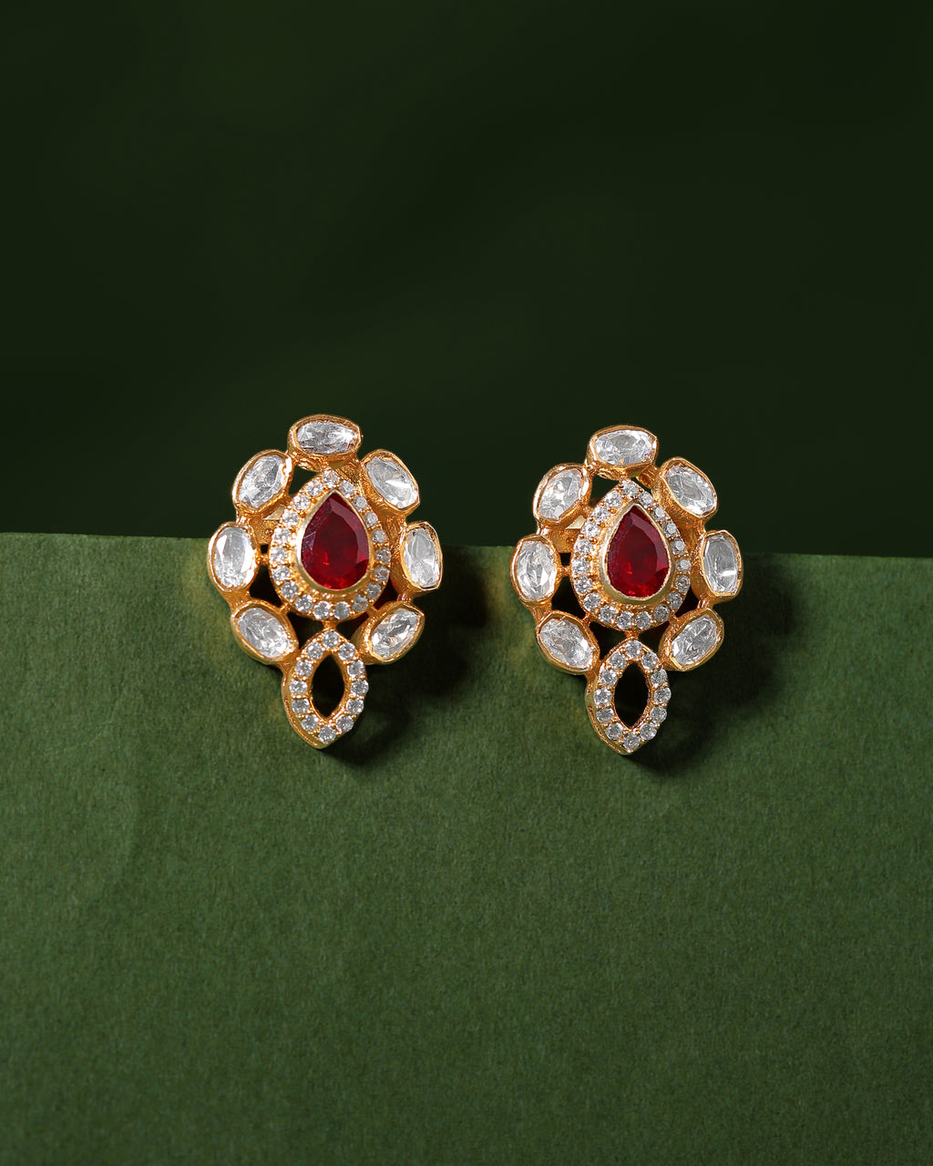 Red Teardrop CZ Silver Polki Pattern Earrings in Gold-Plated